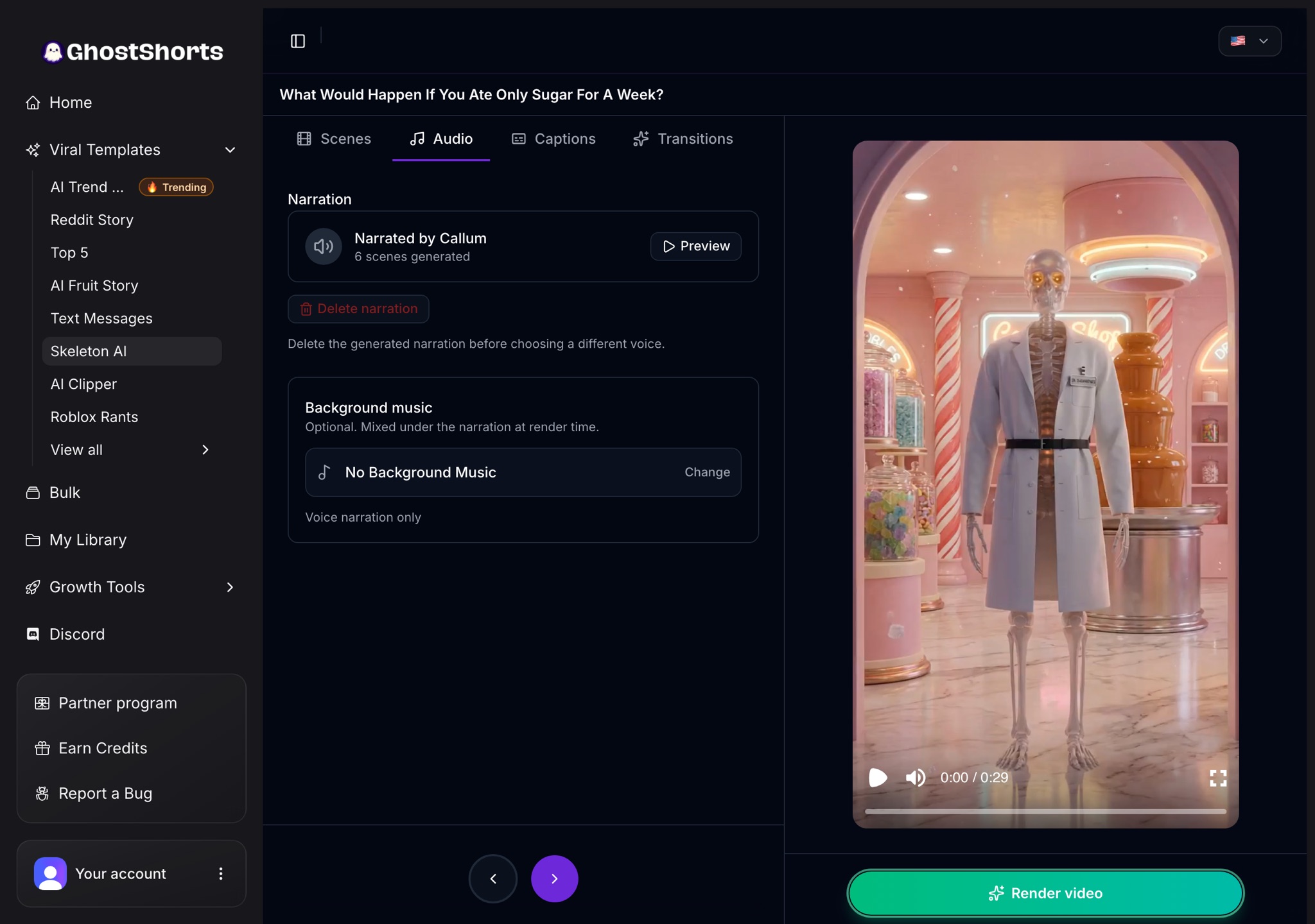 The Audio tab: the narration voice with a Preview button, and the Background music picker