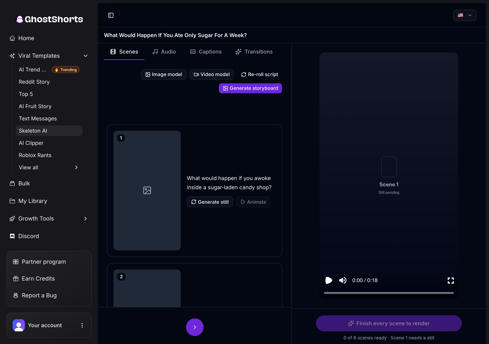 The editor Scenes tab: the written script split into scenes, Image model, Video model, Re-roll script and Generate storyboard