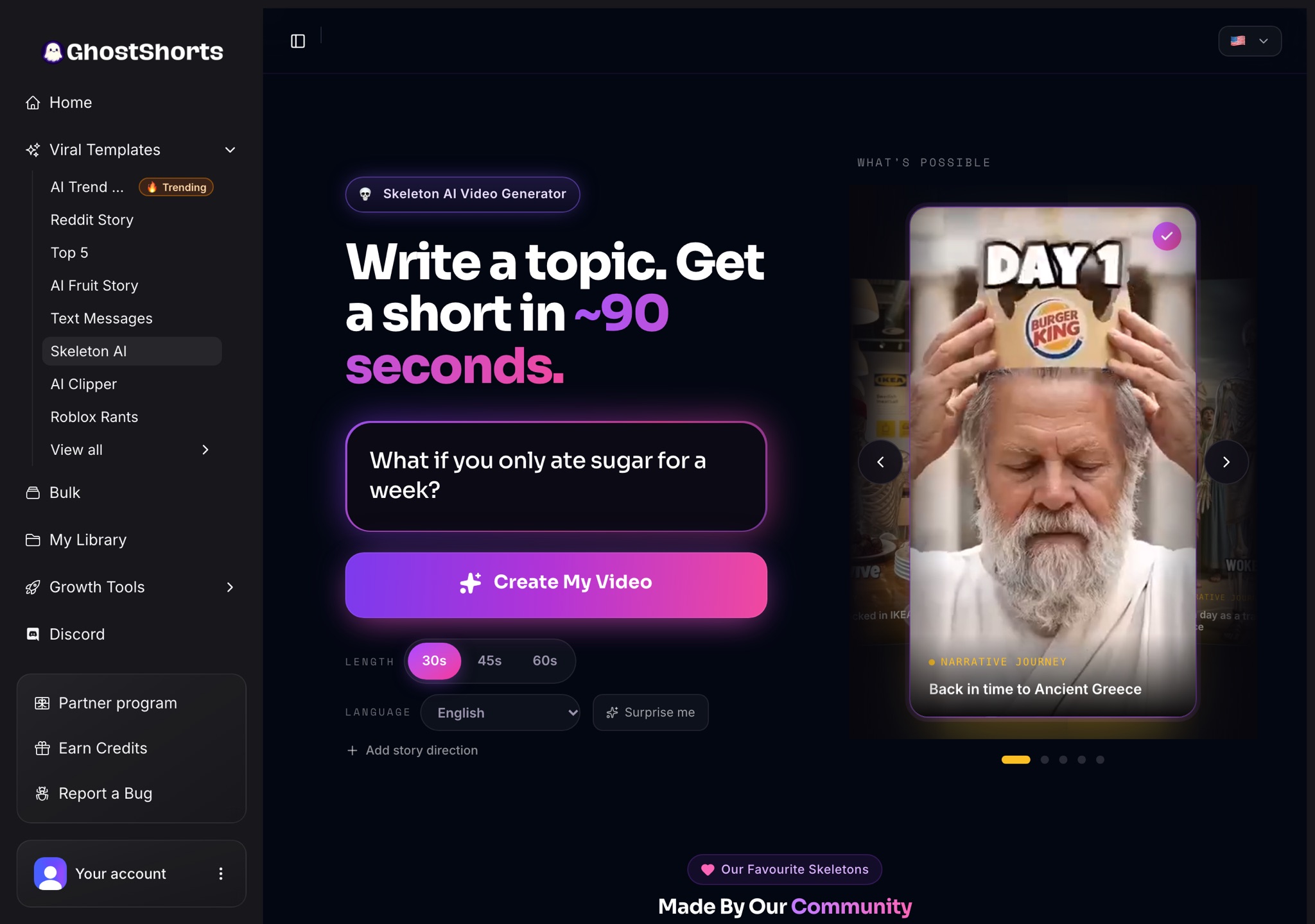 The Skeleton AI app: a what-if topic typed in, 30s picked, the language menu and the Create My Video button