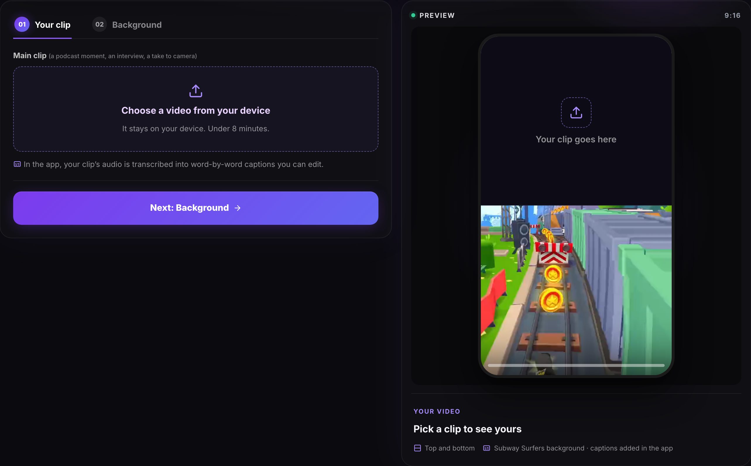 The split screen generator, Your clip tab: a button to choose a video from your device, and the preview with an empty top half waiting for your clip over Subway Surfers