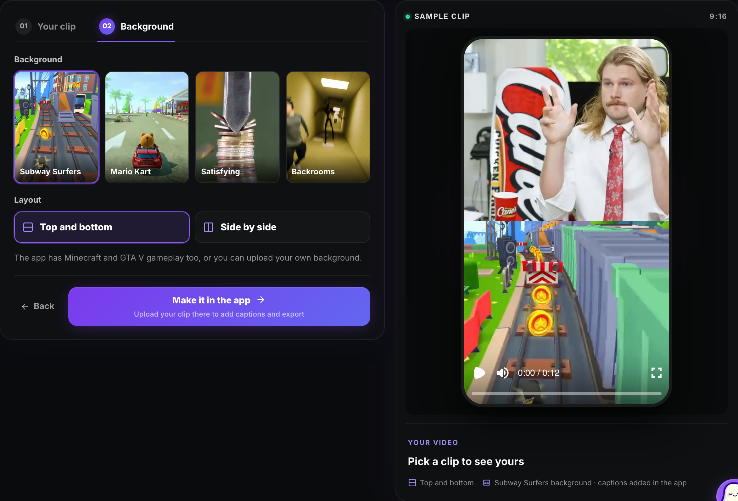 The generator, Background tab: Subway Surfers, Mario Kart, Satisfying and Backrooms backgrounds, and the top and bottom or side by side layout