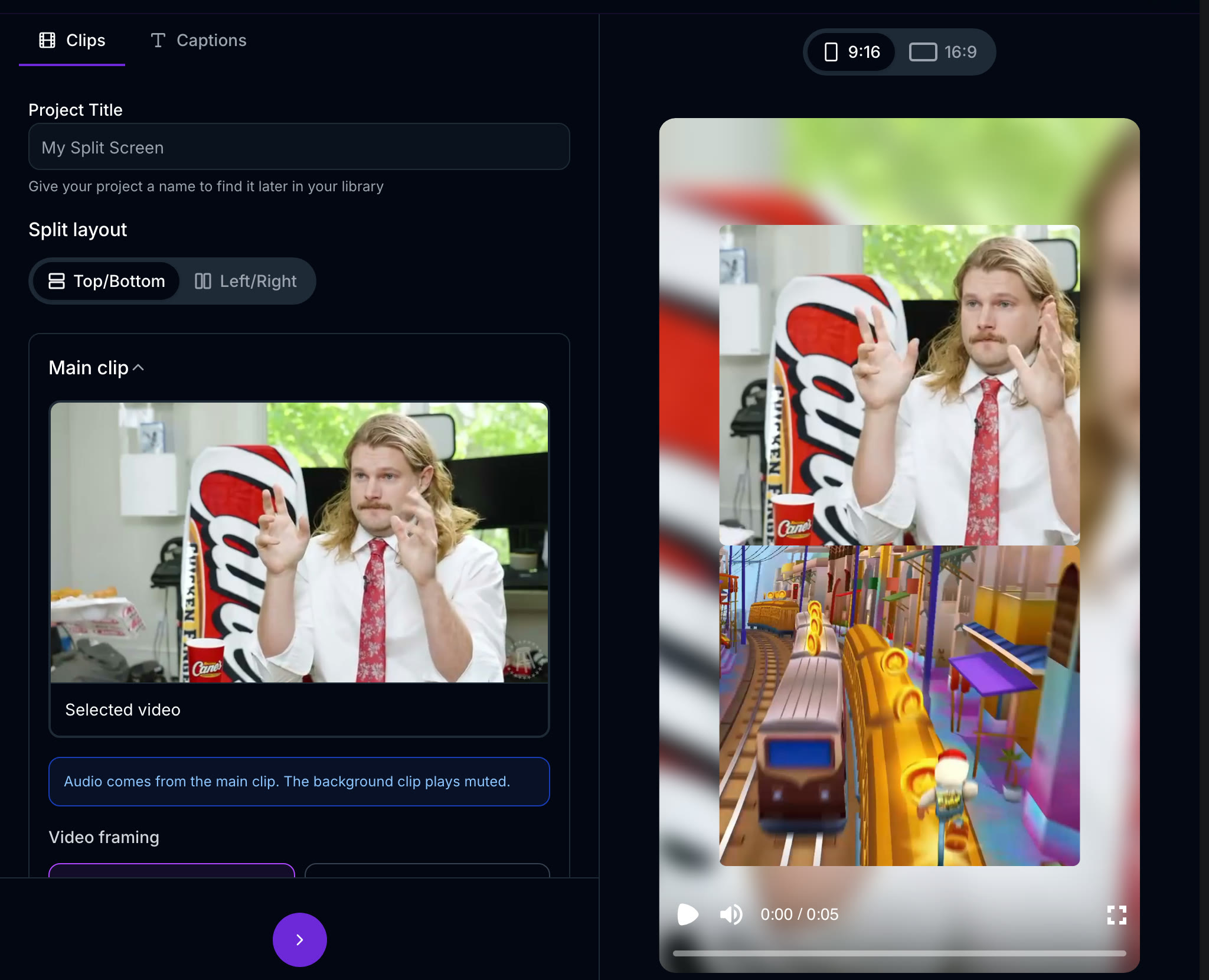 The Split Screen app: the Clips tab with the Top/Bottom and Left/Right layout, the main clip, and the Captions tab next to it