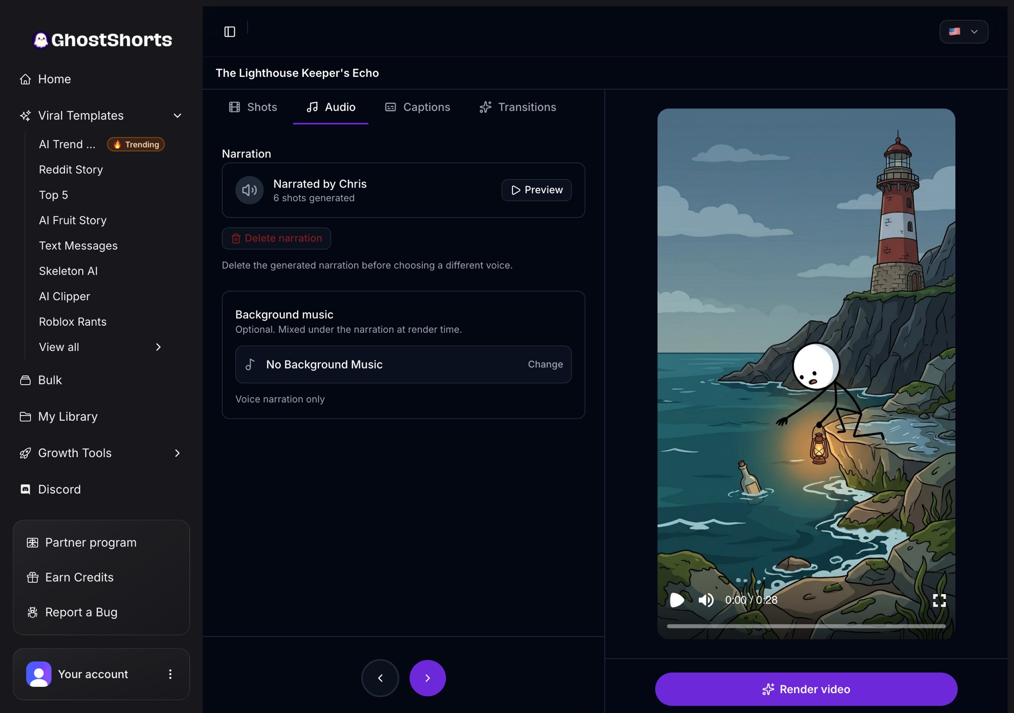 The Audio tab: the narration voice with a Preview button, and the Background music picker