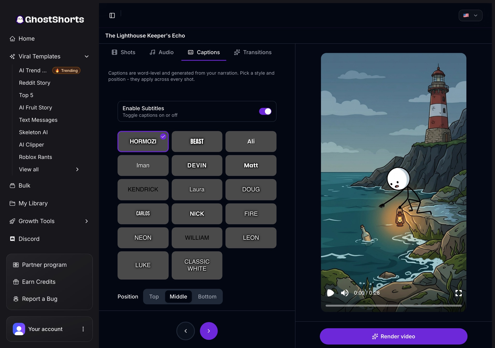 The Captions tab: subtitles switched on, caption styles, and Top, Middle or Bottom position