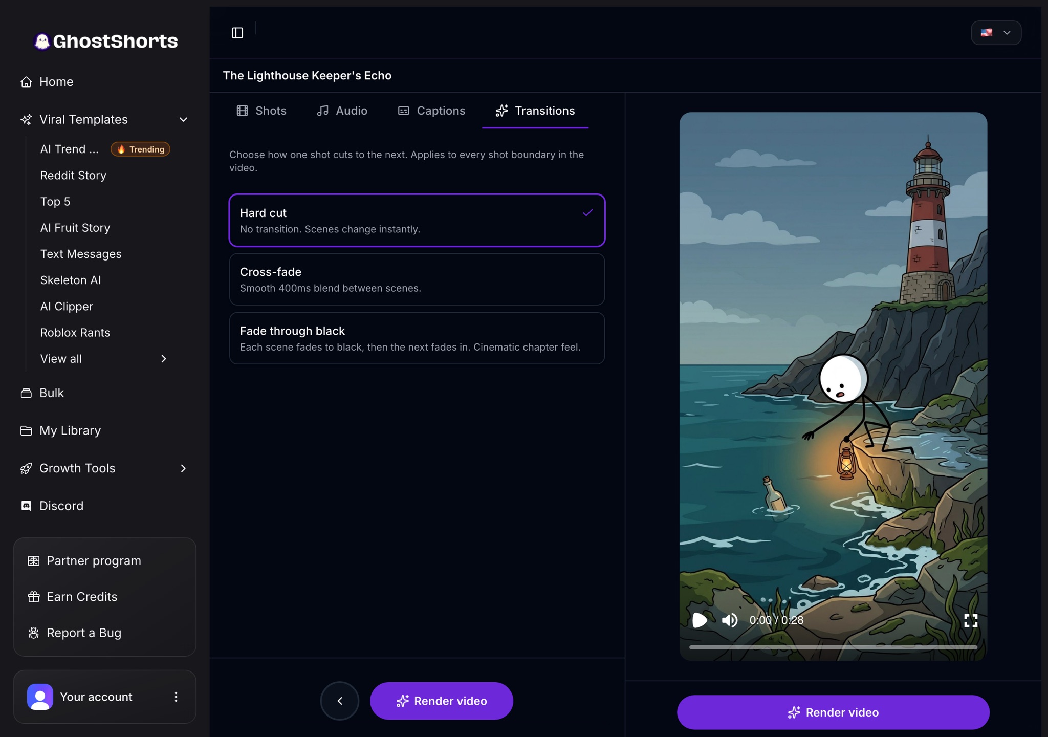The Transitions tab: Hard cut, Cross-fade or Fade through black, and the Render video button