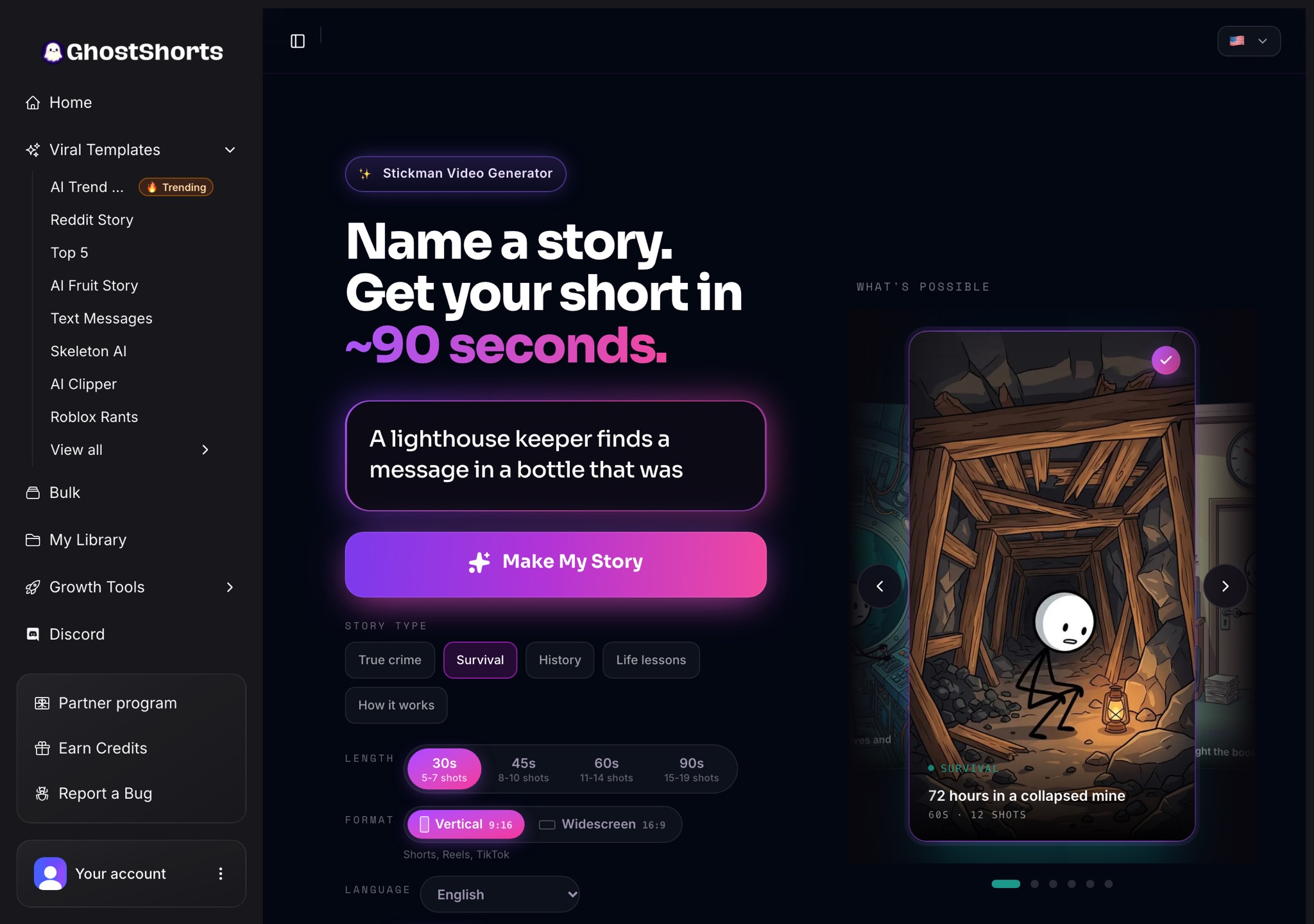 The Stickman app: a premise typed in, the story types with Survival picked, 30s, Vertical 9:16, and the Make My Story button