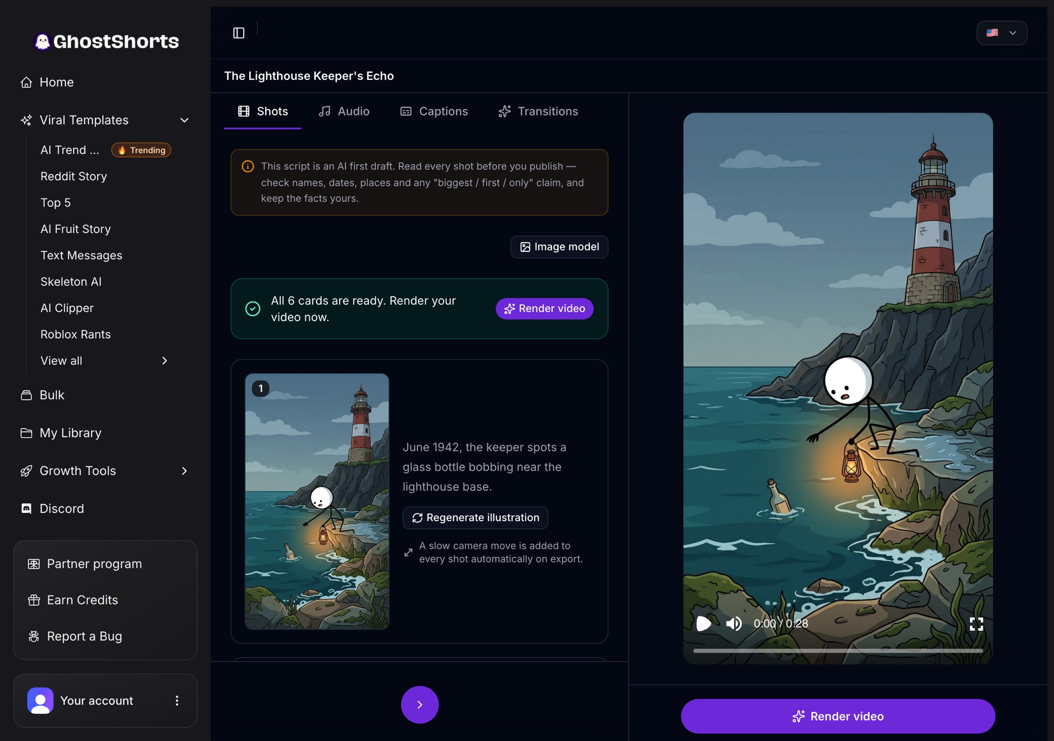 The editor Shots tab: all six shots drawn, shot 1 a stick figure with a lantern by a lighthouse, and the preview