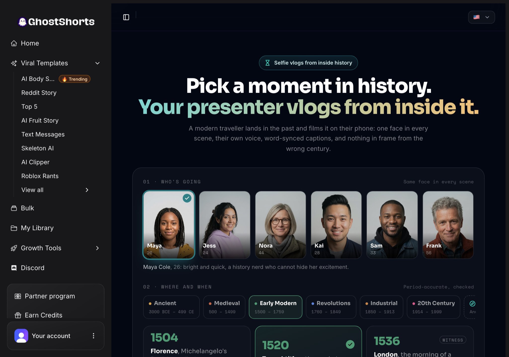 The AI Time-Travel Vlog app: six presenters with Maya picked, and the eras Ancient to 20th Century with moments to choose from