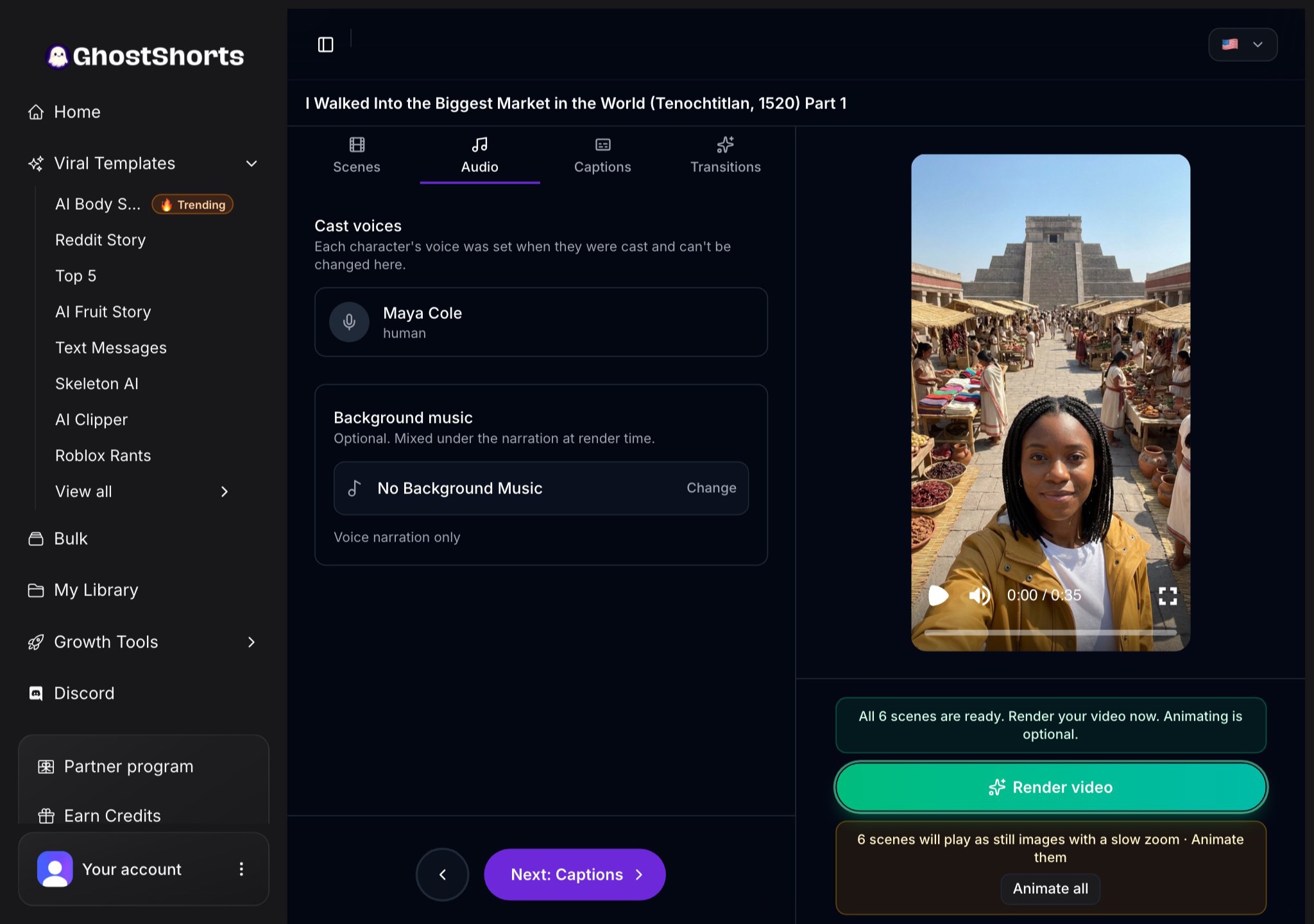 The Audio tab: the presenter's cast voice, and the Background music picker