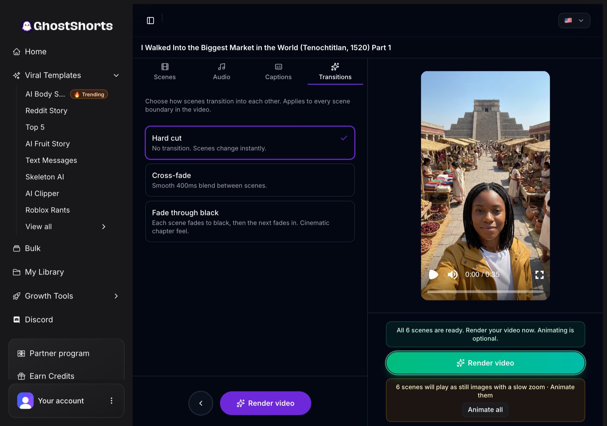 The Transitions tab: Hard cut, Cross-fade or Fade through black, and the Render video button