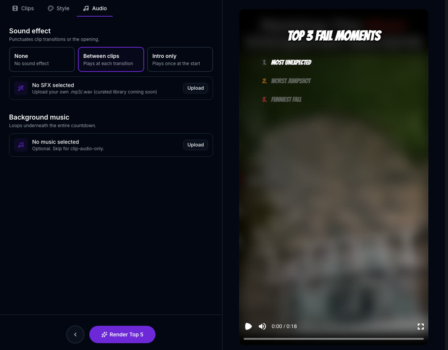 The Top 5 editor's Audio tab: sound effect between clips or at the intro, and a background music upload
