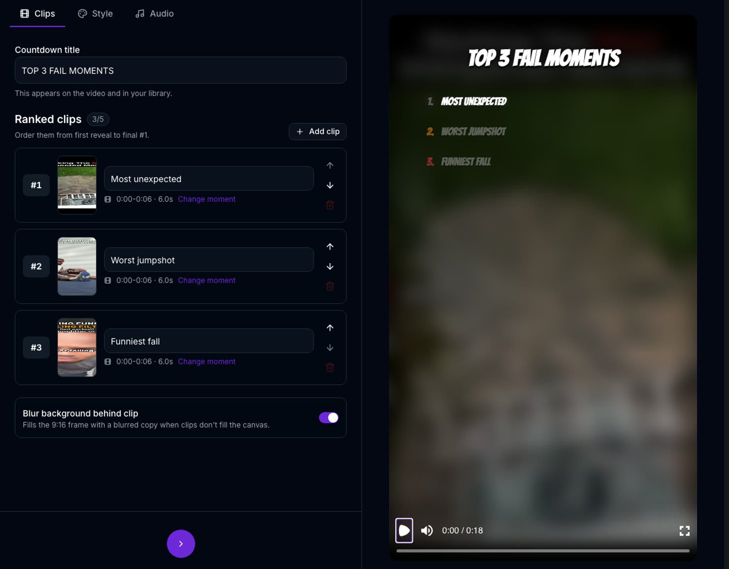 The Top 5 editor: three ranked clips with their titles, each with Change moment to trim it, and the countdown preview