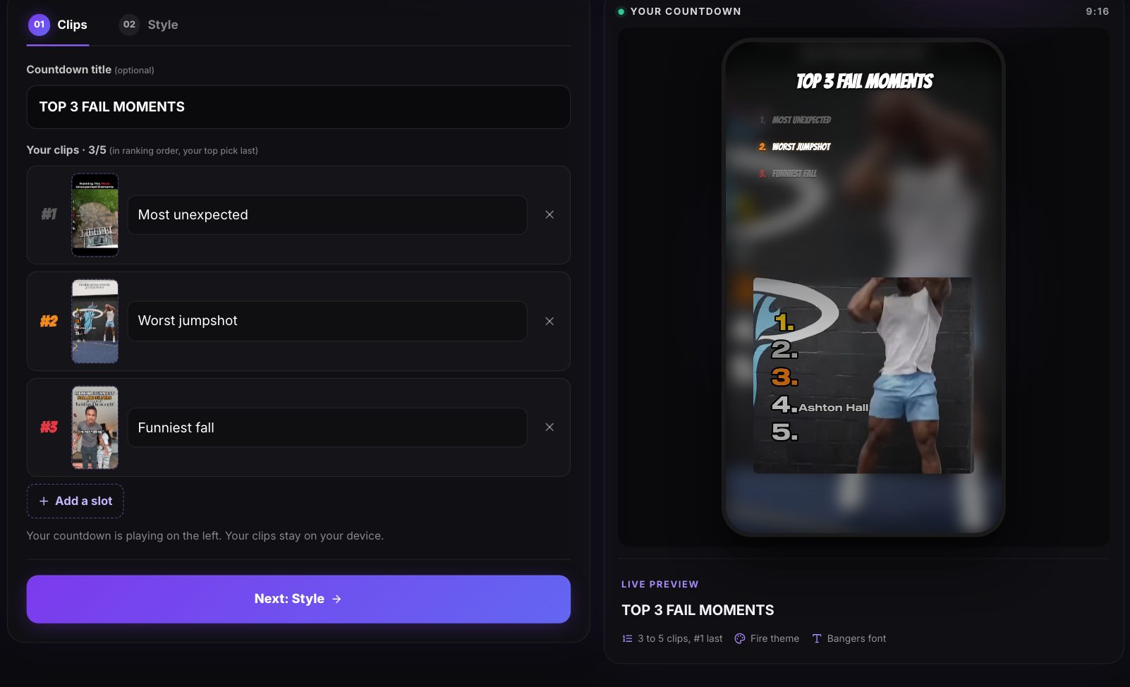 The Top 5 generator with three clips added, ranked and titled, and the countdown playing beside them
