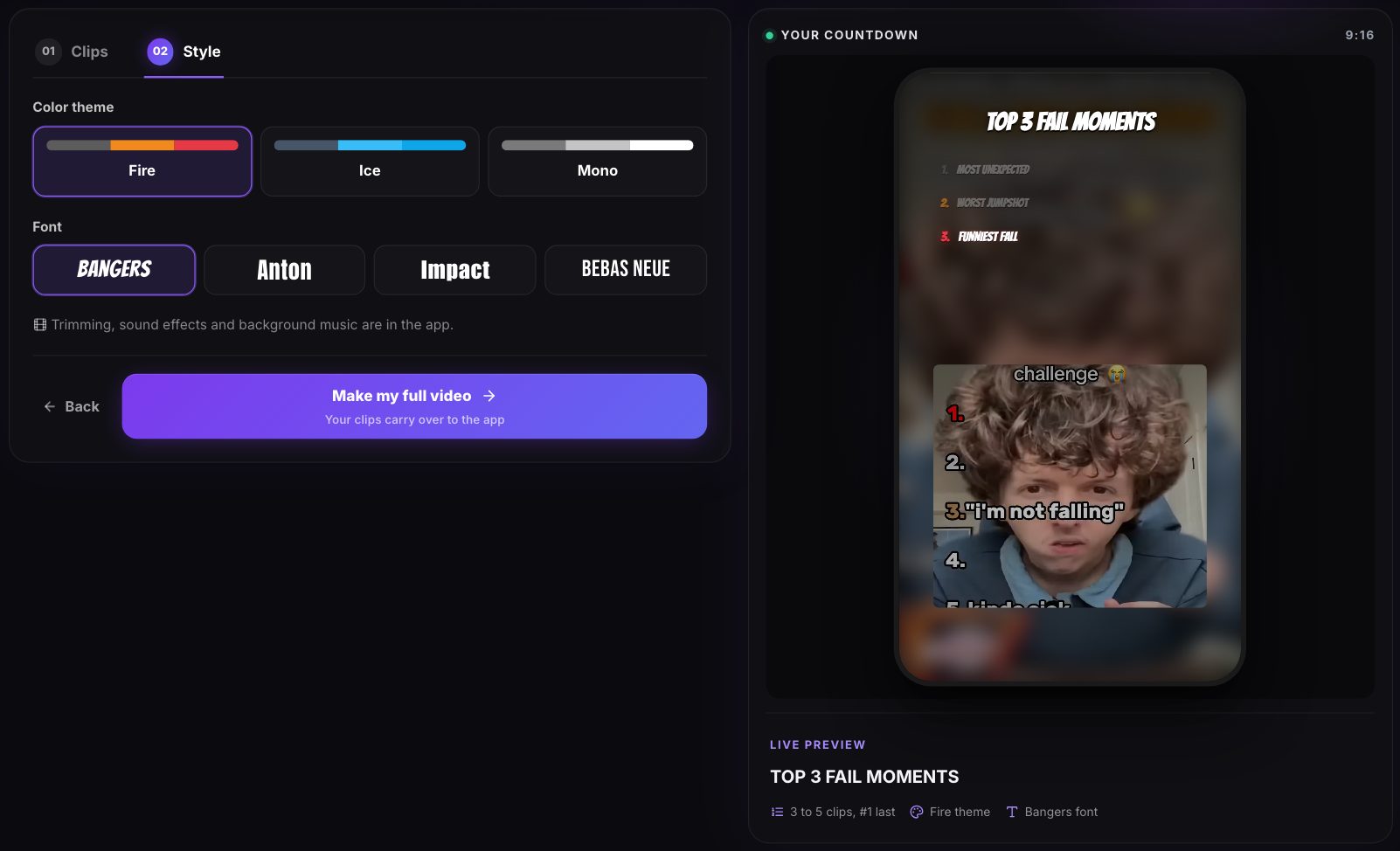 Choosing the Fire theme and Bangers font, with the countdown preview updating