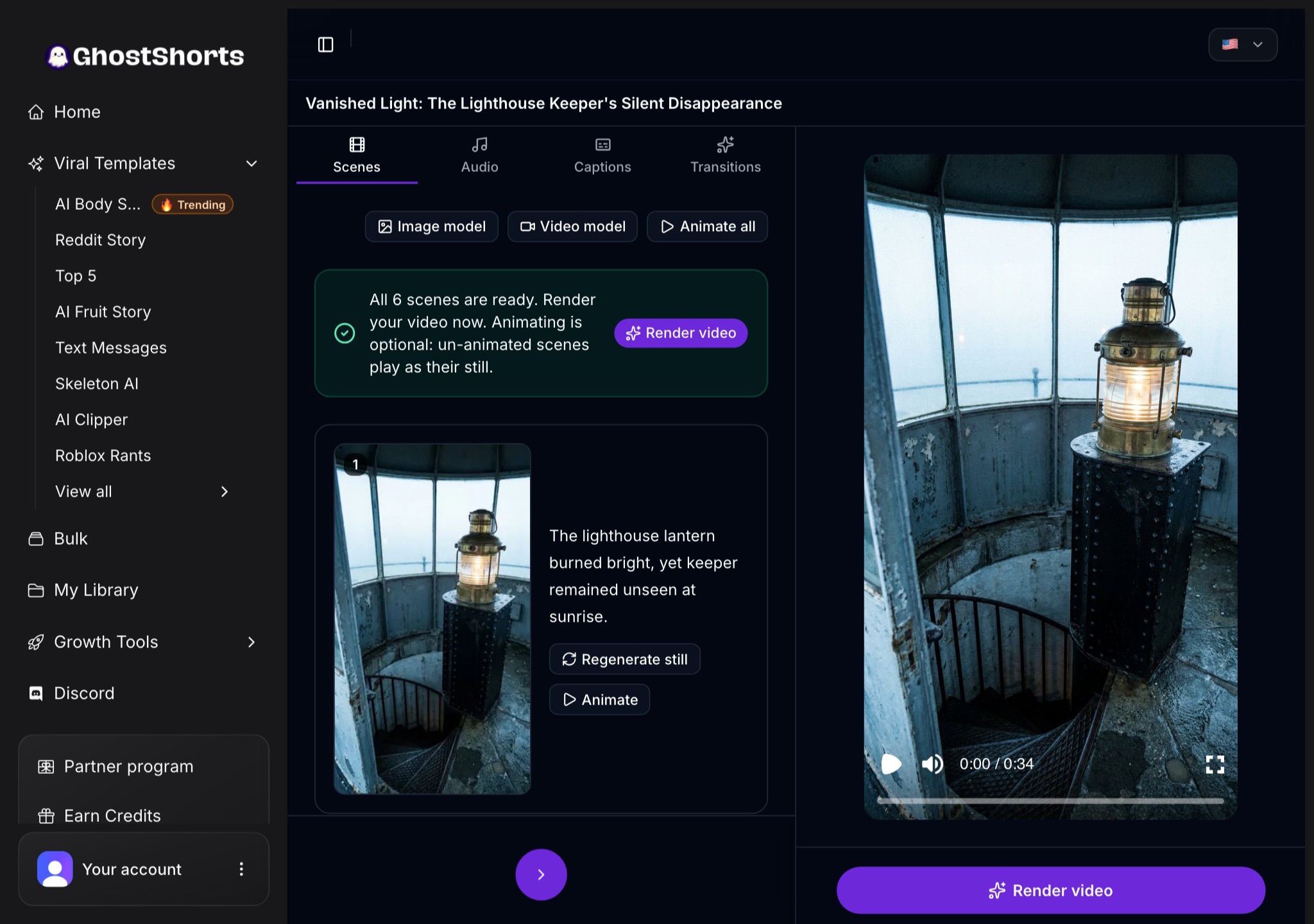 The editor Scenes tab: all 6 scenes ready, scene 1 with its still and narration line, and the video preview on the right