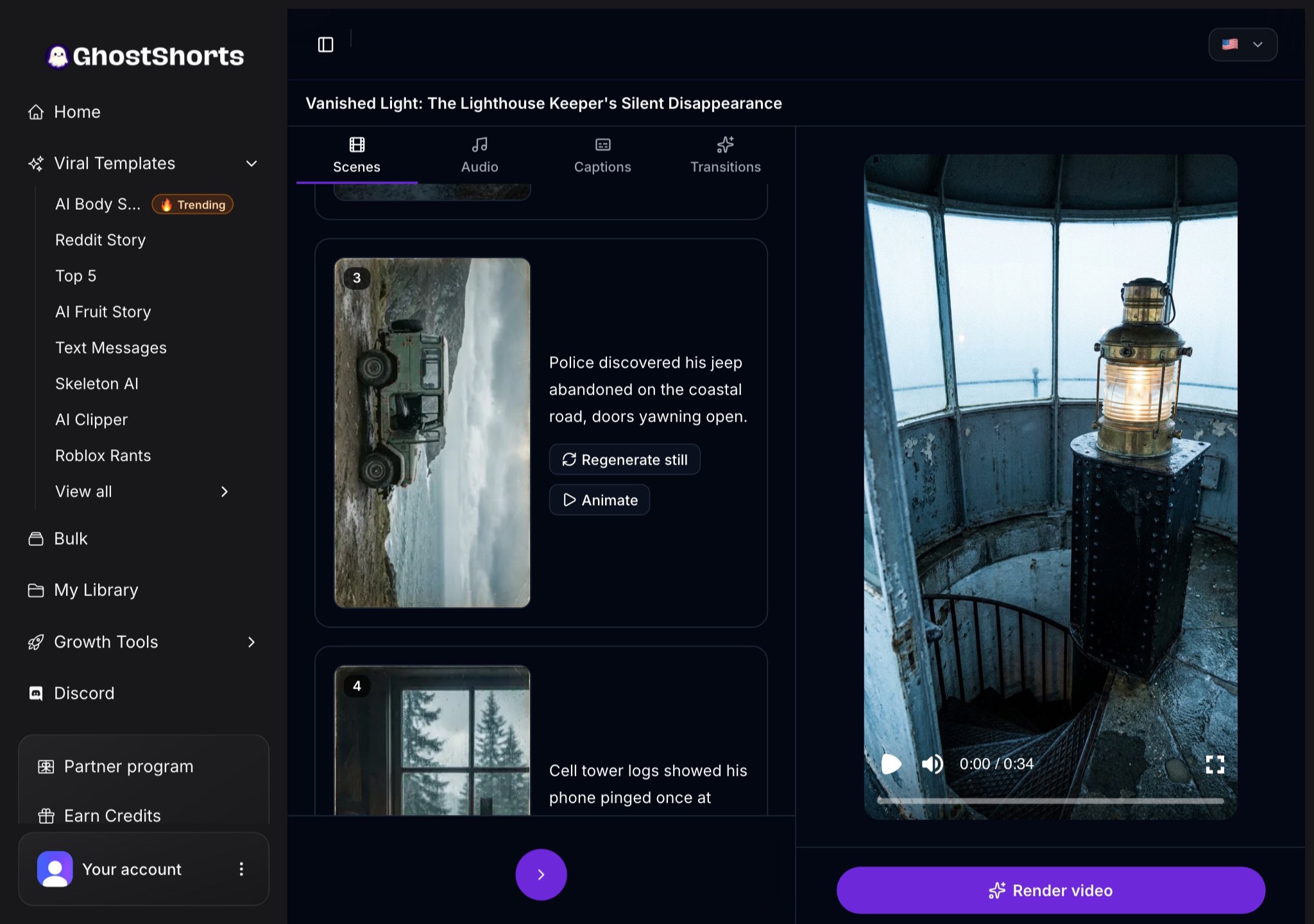 A later scene in the Scenes tab with its Regenerate still and Animate buttons