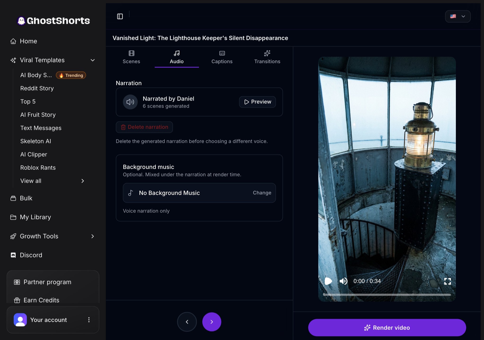 The Audio tab: the narration voice with a Preview button, and the Background music picker