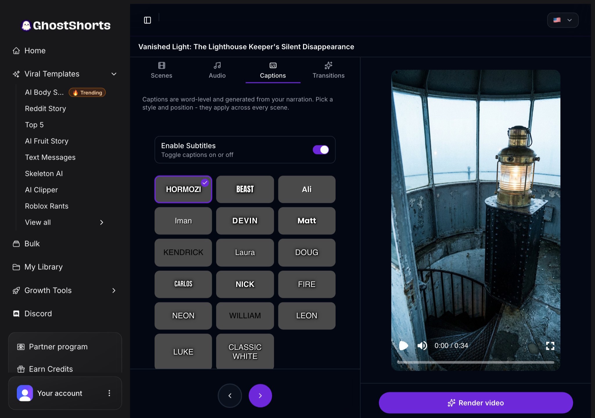 The Captions tab: subtitles switched on and the grid of caption styles