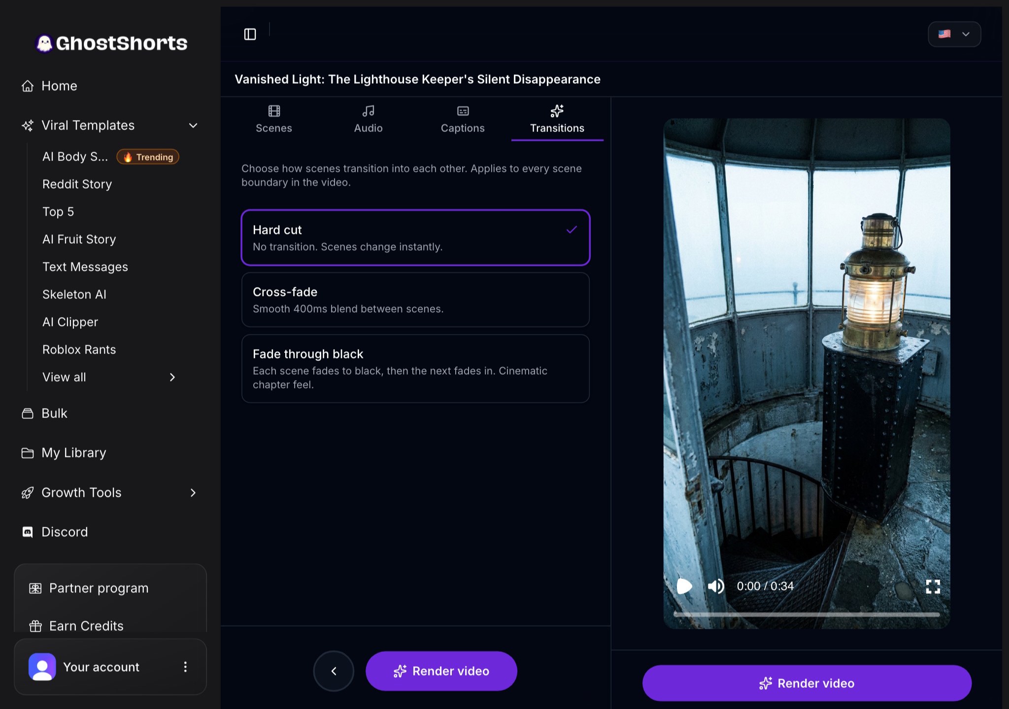 The Transitions tab: Hard cut, Cross-fade or Fade through black, and the Render video button
