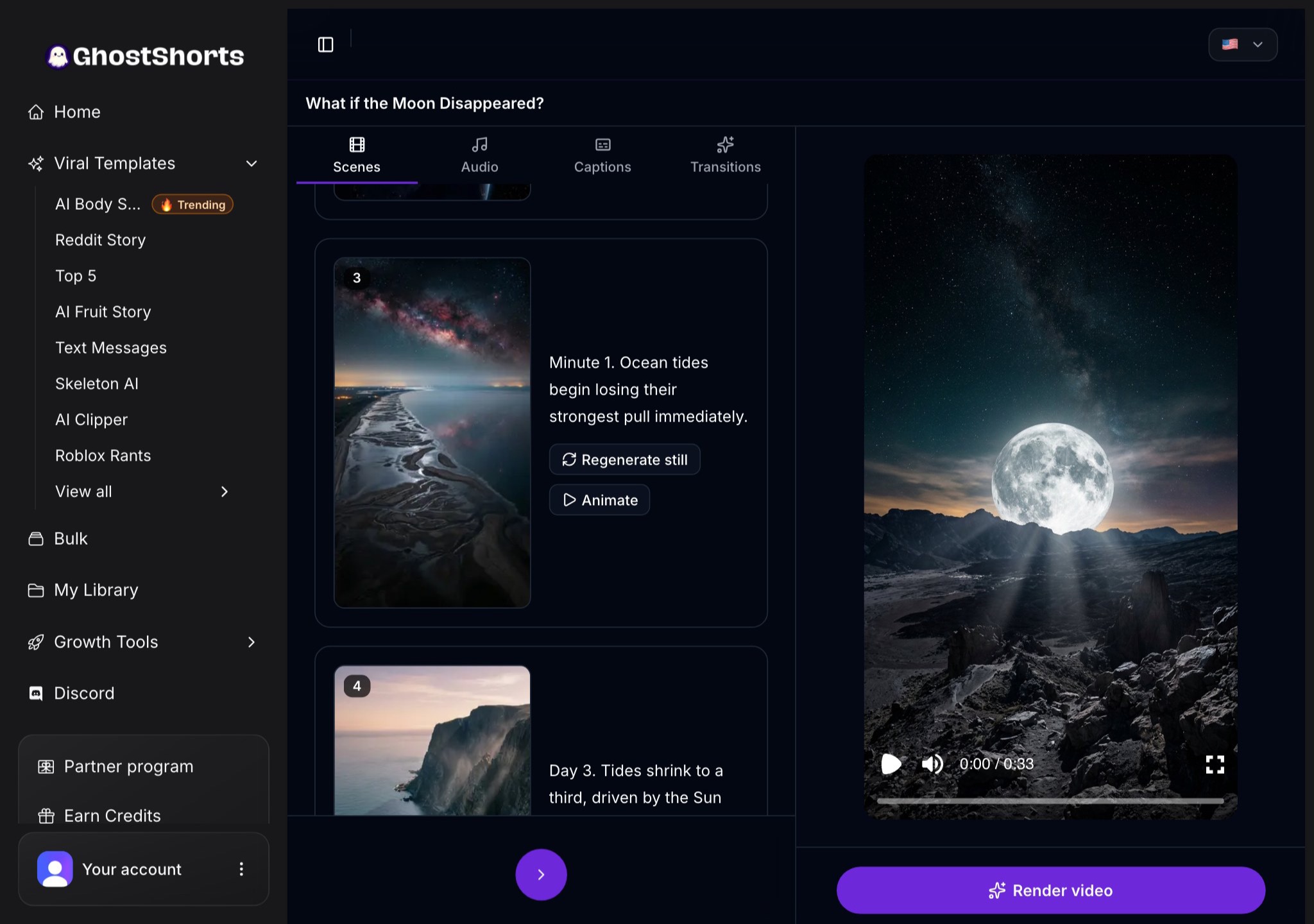 A later scene in the Scenes tab with its Regenerate still and Animate buttons
