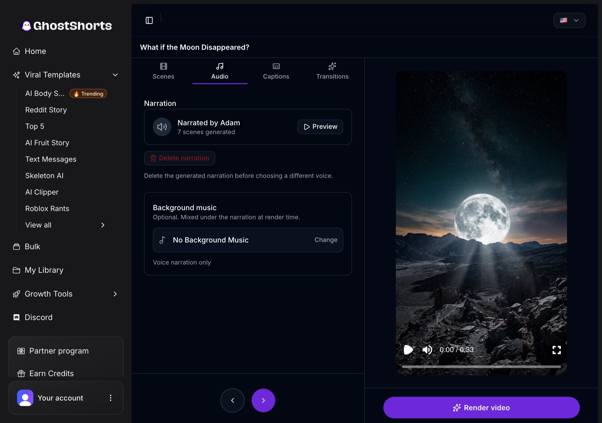 The Audio tab: the narration voice with a Preview button, and the Background music picker