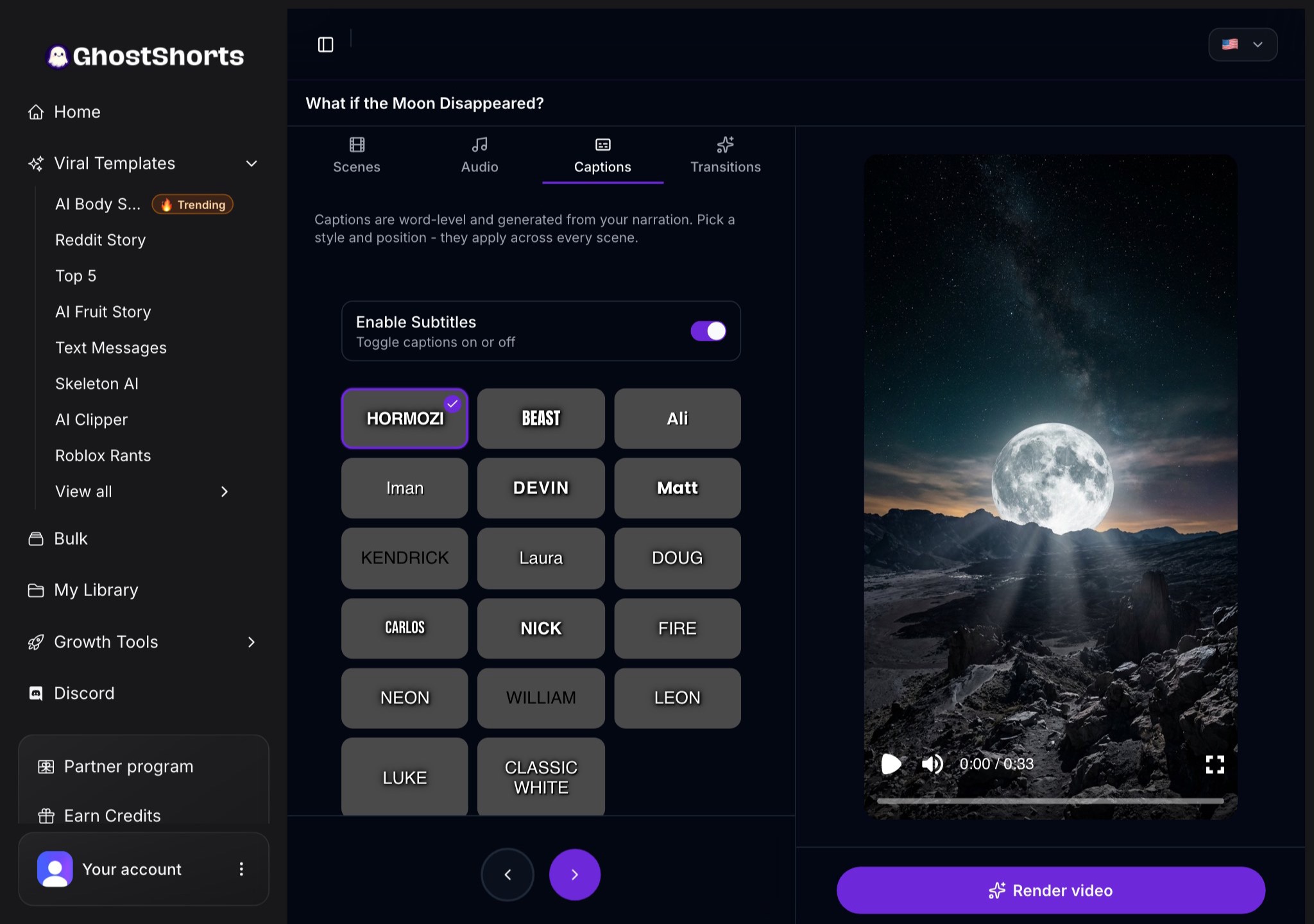 The Captions tab: subtitles switched on and the grid of caption styles