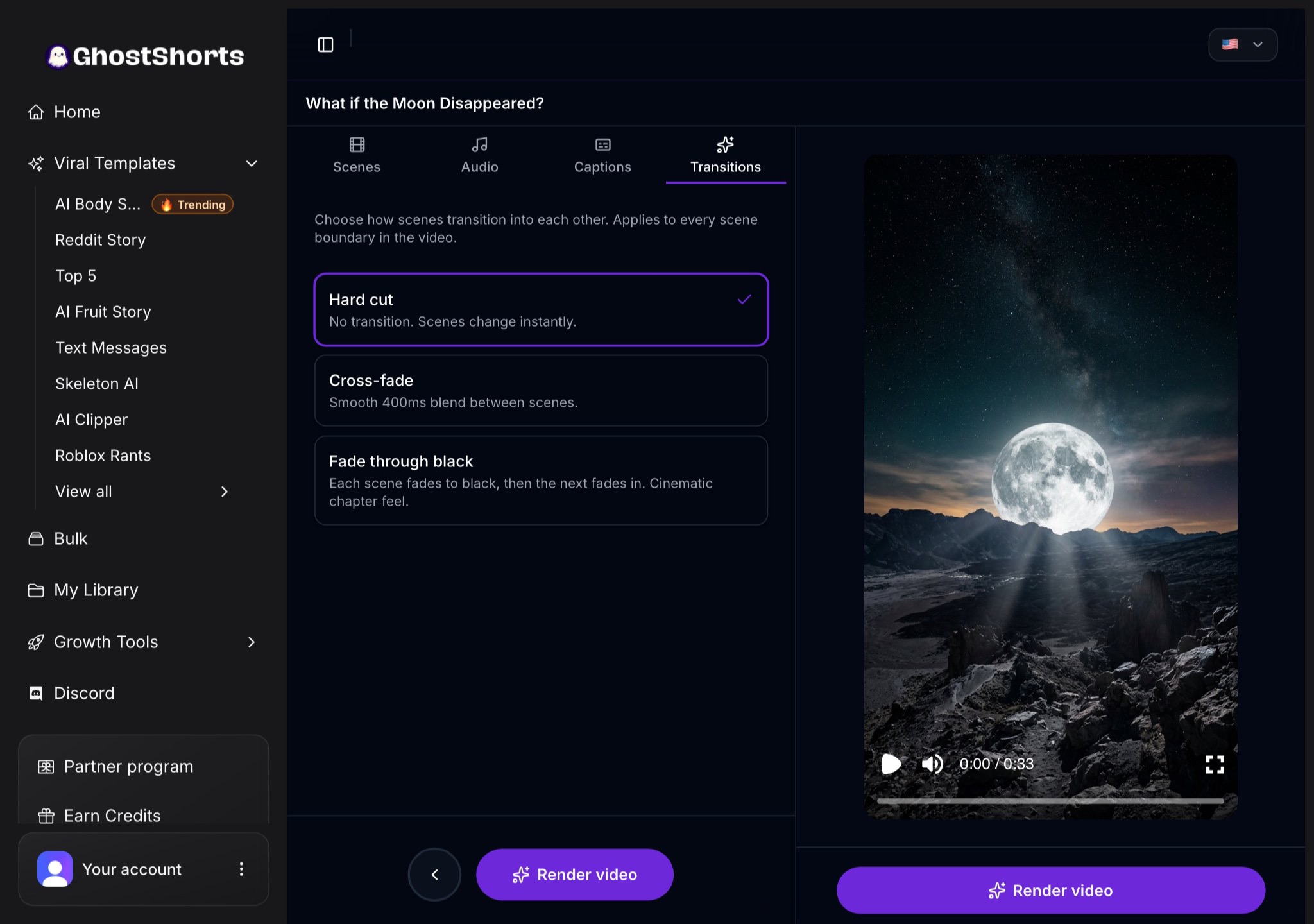 The Transitions tab: Hard cut, Cross-fade or Fade through black, and the Render video button