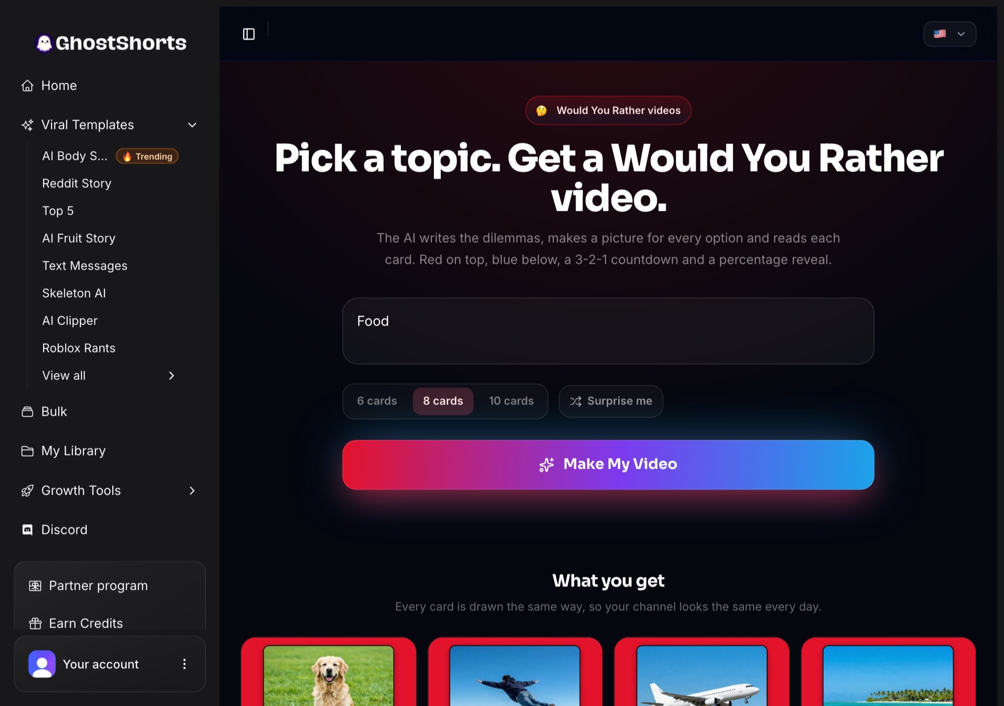 The Would You Rather app: "Food" typed in, 6, 8 or 10 cards with 8 picked, Surprise me, and the Make My Video button
