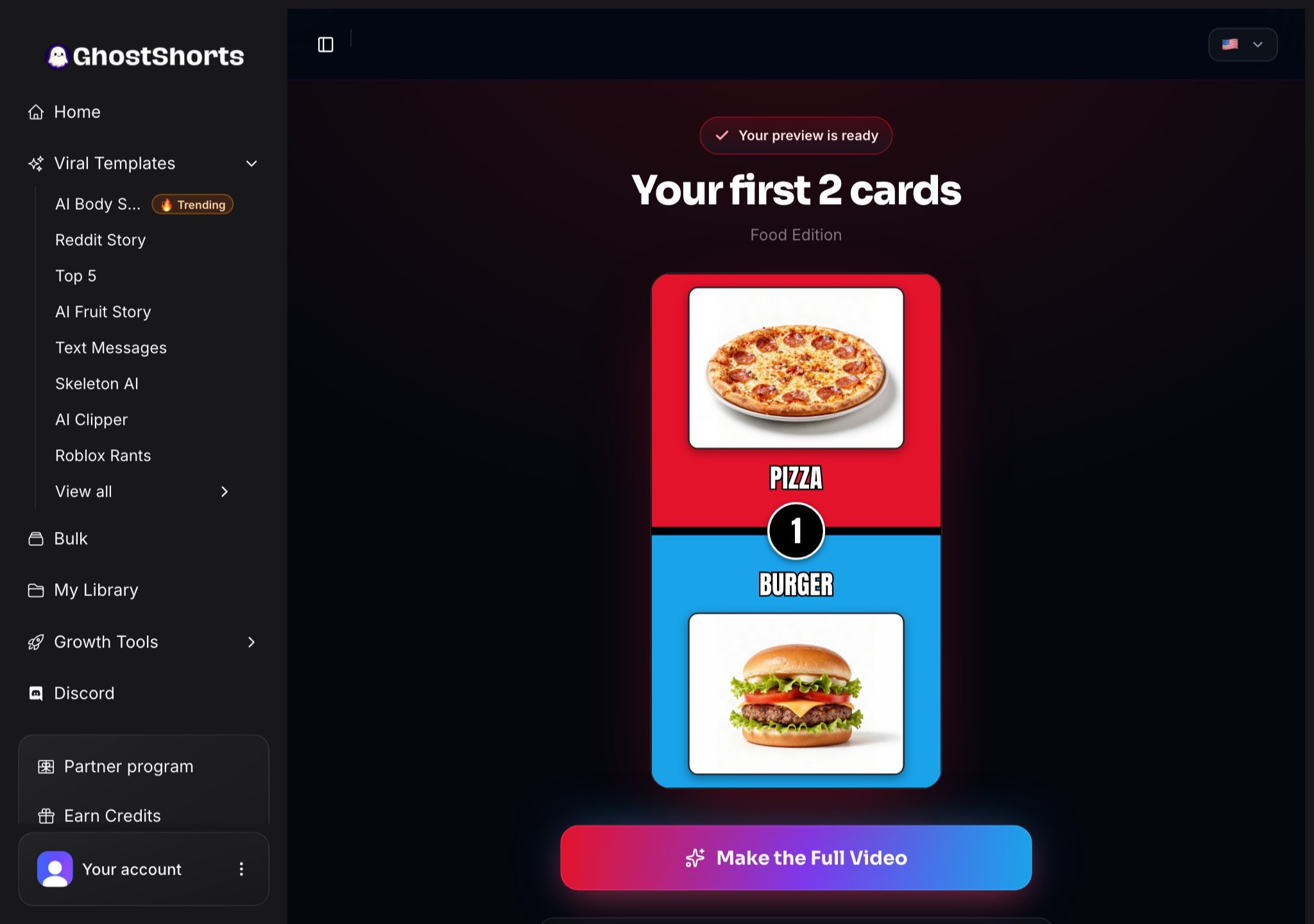 Your first 2 cards: a red and blue Would You Rather card with Pizza on top, Burger below and the countdown in the middle, and the Make the Full Video button