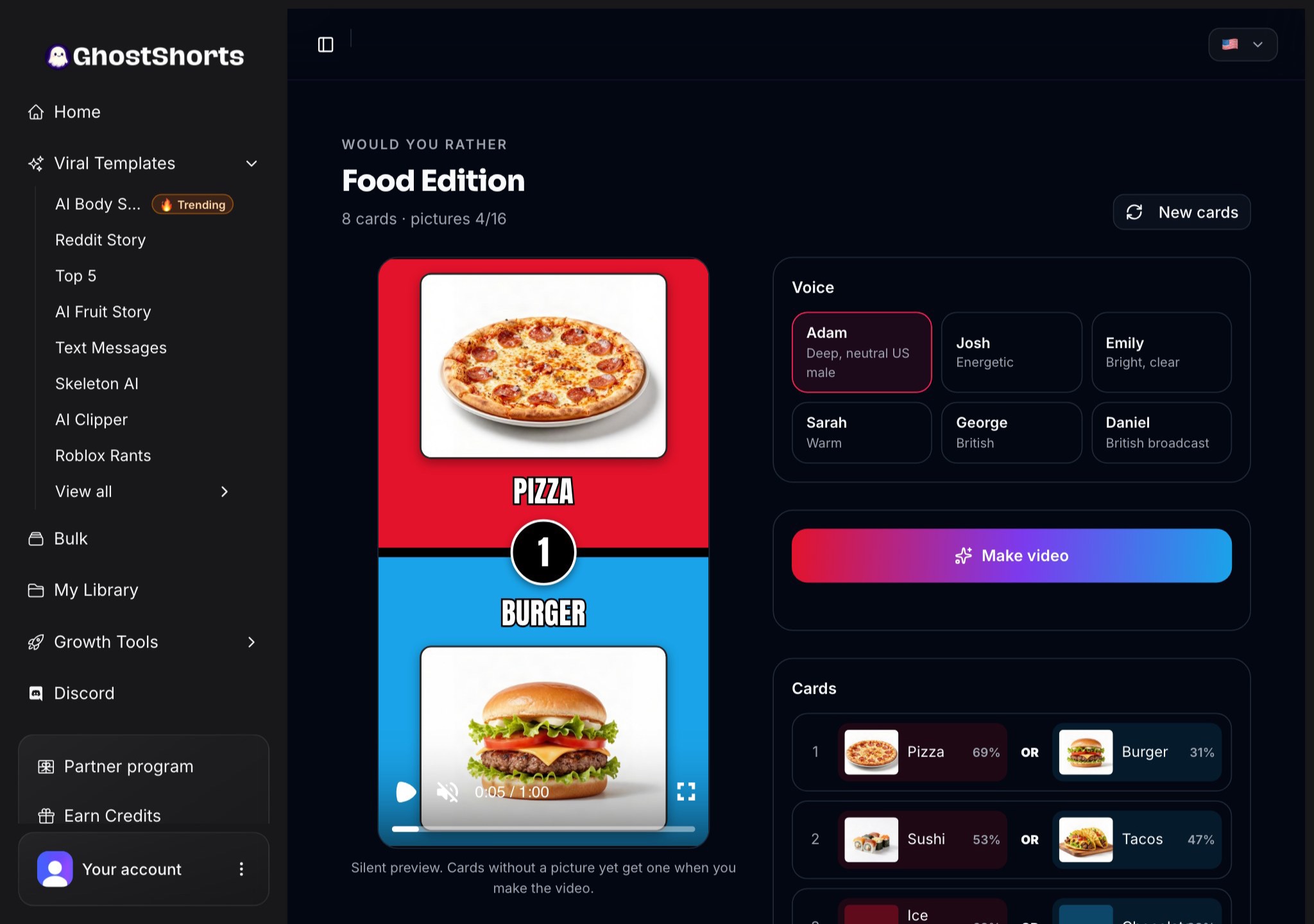 The editor: the preview playing the Pizza or Burger card, the six voices with Adam picked, and the Make video button