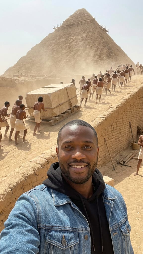 Hauling stone up the pyramid ramp in 2560 BCE