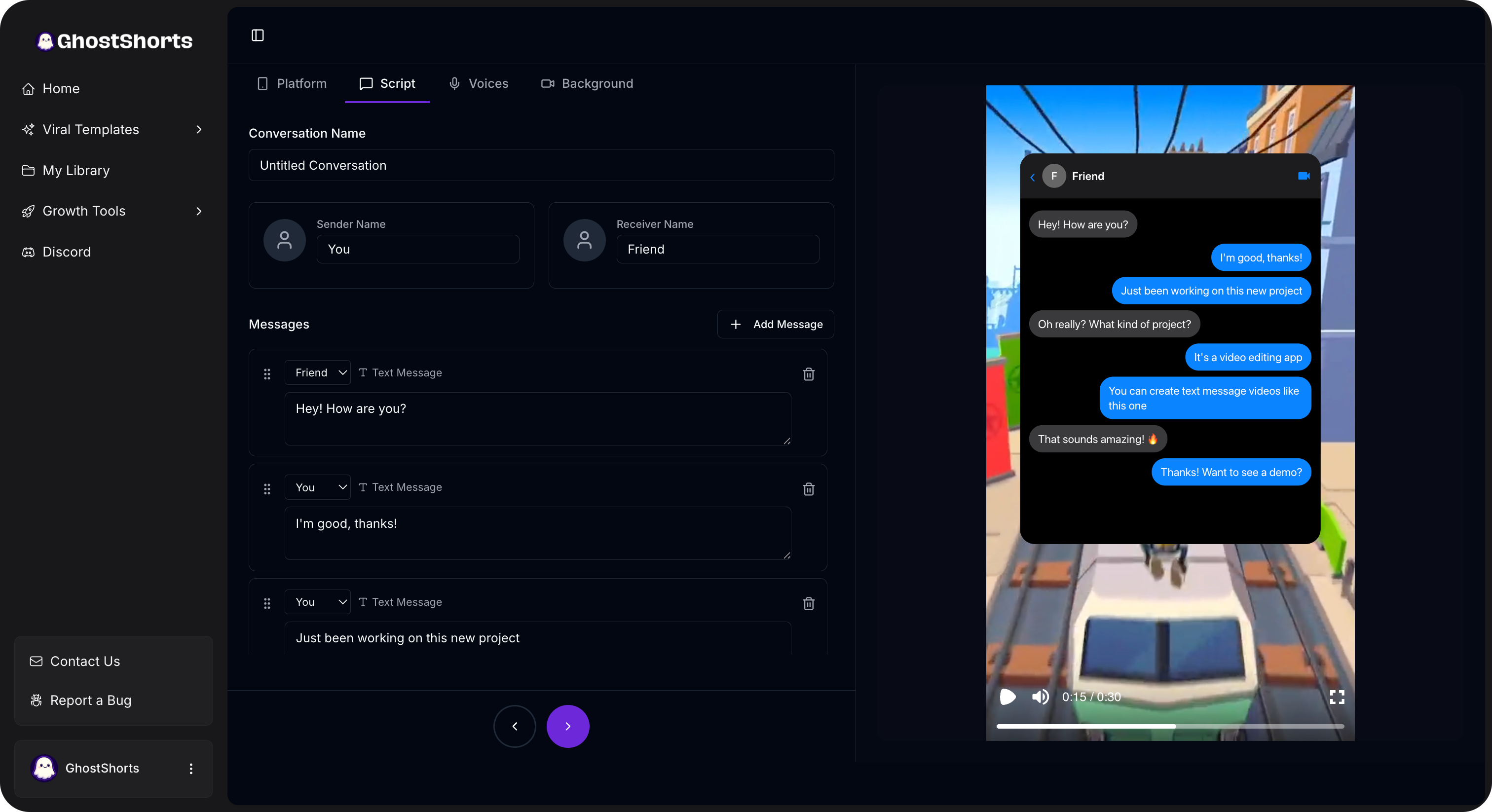 محرر فيديو رسائل مزيفة من Ghost Shorts يعرض محادثة درامية يتم إنشاؤها