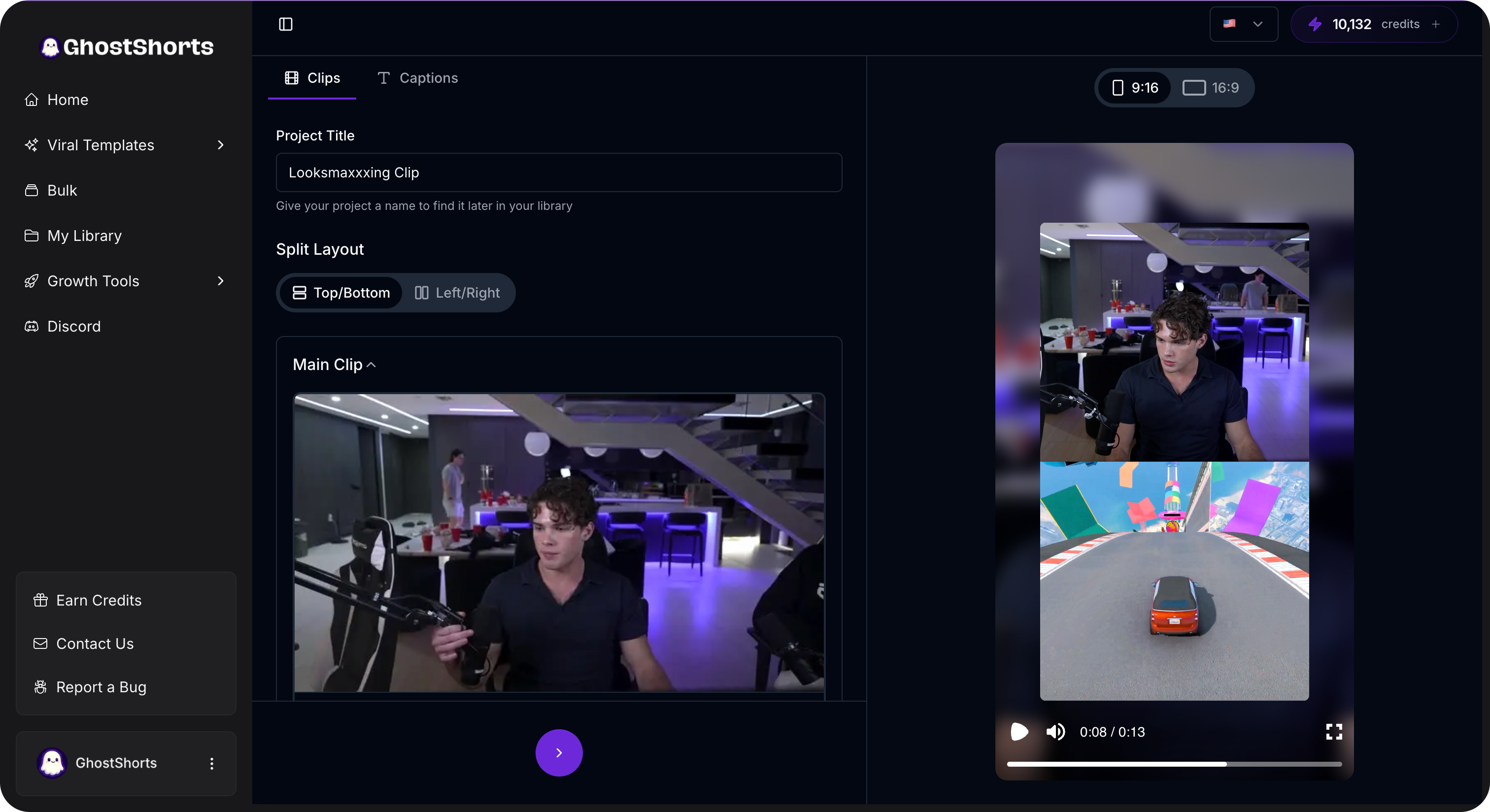Split screen layout in GhostShorts for repurposed content